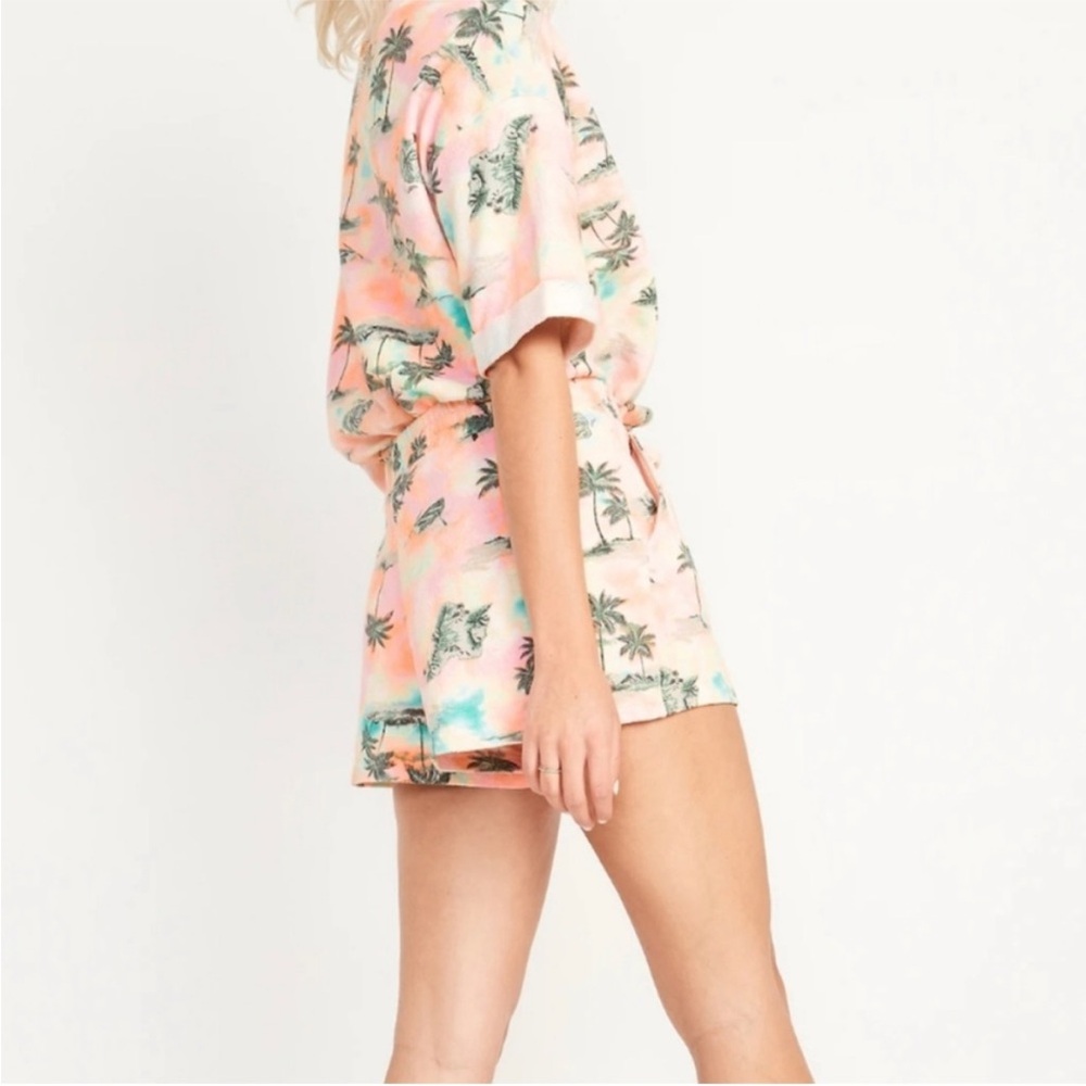 Tropical Tie Dye Palm Print Rib Knit Shorts & T Shirt Set